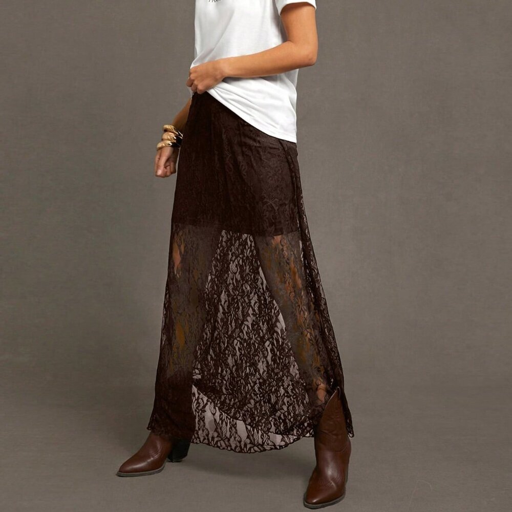 Coffee Brown Elegant Women's Sexy Long Wildflower Lace Skirt - Picture 4 of 6